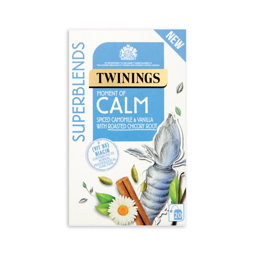 Perfect to rebalance at the end of a busy day, this sweet and spiced infusion is both warming and comforting. The Superblends Calm herbal infusion has a vanilla and spice flavour with camomile and roasted chicory root. With added Niacin contributing to normal psychological function, this infusion can be enjoyed as part of a balanced diet and healthy lifestyle. These tea bags are supplied in a box of 20 envelopes.