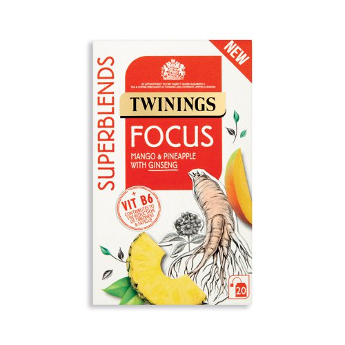 Naturally caffeine free with a combination of sweet mango, tart pineapple and earthy ginseng root, this Superblends Focus herbal infusion can be enjoyed as part of a balanced diet and healthy lifestyle. With added Vitamin B6 for reducing tiredness and fatigue, the combination of sweet and subtle sharpness makes a flavoursome drink, perfect for a quick pick me up.