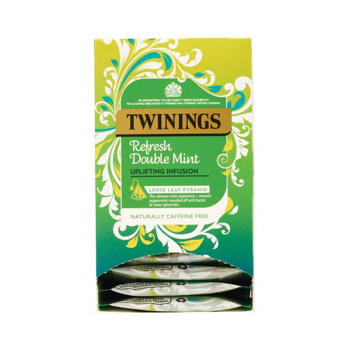 Twinings Refresh Double Mint tea is a smooth blend of smooth peppermint with bursts of sweet spearmint. These loose leaf pyramid tea bags are individually wrapped for freshness and hygiene. Ideal for use in cafes, canteens and break-out areas. Each box contains 15 tea bags.