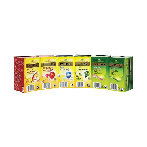 This six flavour variety pack of tea bags from Twinings offers the choice for a perfect cup of tea to be enjoyed throughout the day. All derived from ethically sourced, all natural ingredients, this pack contains the flavours of Lemon and Ginger, Strawberry and Raspberry, Pure Camomile, Pure Peppermint, Jasmine Green and Pure Green. Supplied in 6 packs of 20 individually wrapped tea bags.