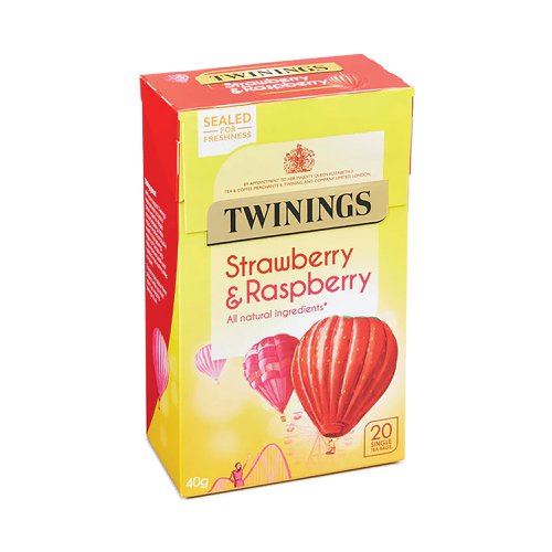 Twinings Strawberry and Raspberry Tea is the perfect drink for any time of the day. A feel-good summer blend of sweet strawberry notes and tangy raspberry aromas. This blend contains Hibiscus, natural strawberry, raspberry and loganberry flavourings with other natural flavourings. Simply infuse for two to three minutes in boiling water or leave for a little longer if a stronger taste is preferred. Like all Twinings products, these tea bags are made with ethically sourced ingredients. Twinings help to provide access to clean water for villages across Darjeeling; help improve mother and baby health in regions of Yunnan; and support health and nutrition in tea communities in Assam. This pack contains 20 individually wrapped tea bags.