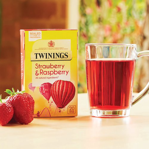 Twinings Strawberry and Raspberry Tea is the perfect drink for any time of the day. A feel-good summer blend of sweet strawberry notes and tangy raspberry aromas. This blend contains Hibiscus, natural strawberry, raspberry and loganberry flavourings with other natural flavourings. Simply infuse for two to three minutes in boiling water or leave for a little longer if a stronger taste is preferred. Like all Twinings products, these tea bags are made with ethically sourced ingredients. Twinings help to provide access to clean water for villages across Darjeeling; help improve mother and baby health in regions of Yunnan; and support health and nutrition in tea communities in Assam. This pack contains 20 individually wrapped tea bags.