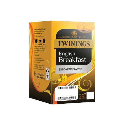 This robust blend of Assam, Kenyan and Ceylon teas has been carefully prepared and decaffeinated by the experts at Twinings, for a full-bodied cup packed with flavour, but without the caffeine. Like all Twinings tea, English Breakfast is made using tea from estates under the Ethical Tea Partnership. This pack contains 80 individually envelope wrapped tea bags (supplied in 4 packs of 20 tea bags). Ideal for shared kitchens.