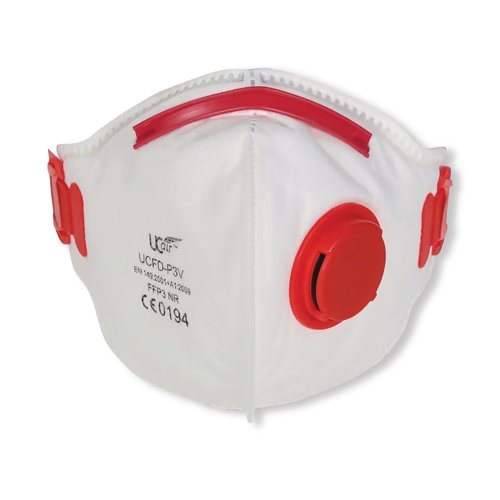 UCair Disposable FFP3 Fold Flat Mask with Exhalation Valve White/Red (Pack of 10) UC-UCFD-P3V