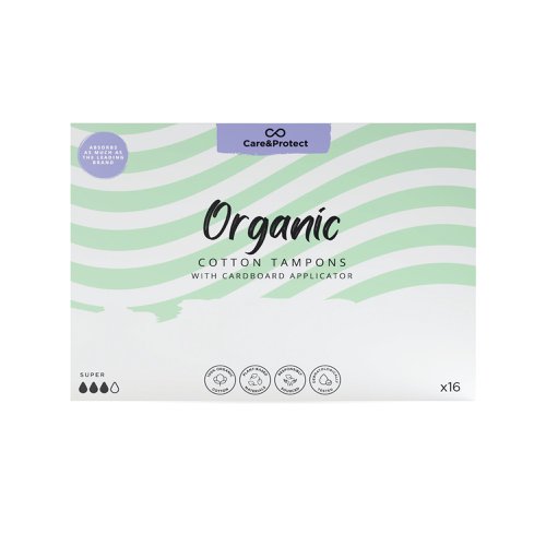 Care and Protect organic cotton super 9-12g applicator tampons. Super for medium to heavy flow. 100% organic cotton. With a cardboard applicator and individually wrapped. Supplied in packs of 16. Box of 12 packs supplied.