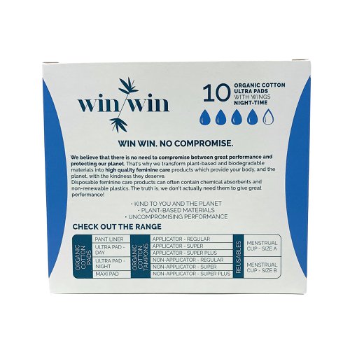 There is no need to compromise between great performance and protecting our planet. That's why plant-based and biodegradable materials are transformed into high quality period care products which provide your body, and the planet, with the kindness they deserve. Disposable period care products often contain chemical absorbents and non-renewable plastics. The truth is, they don't actually need to give great performance! Win Win products absorb just as much as the leading brands. The benefits of organic cotton is reduced exposure to allergens and chemical, it is non-orritant, keeping even the most sensitive skin safe. Grown using natural methods, not chemical-based fertilisers, also emits up to 46% less greenhouse gas than non-organic cotton.