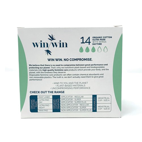 There is no need to compromise between great performance and protecting our planet. That's why plant-based and biodegradable materials are transformed into high quality period care products which provide your body, and the planet, with the kindness they deserve. Disposable period care products often contain chemical absorbents and non-renewable plastics. The truth is, they don't actually need to give great performance! Win Win products absorb just as much as the leading brands. The benefits of organic cotton is reduced exposure to allergens and chemical, it is non-irritant, keeping even the most sensitive skin safe. Grown using natural methods, not chemical-based fertilisers, also emits up to 46% less greenhouse gas than non-organic cotton.