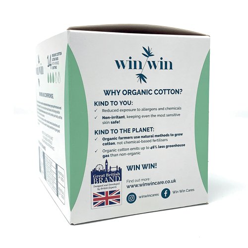 There is no need to compromise between great performance and protecting our planet. That's why plant-based and biodegradable materials are transformed into high quality period care products which provide your body, and the planet, with the kindness they deserve. Disposable period care products often contain chemical absorbents and non-renewable plastics. The truth is, they don't actually need to give great performance! Win Win products absorb just as much as the leading brands. The benefits of organic cotton is reduced exposure to allergens and chemical, it is non-irritant, keeping even the most sensitive skin safe. Grown using natural methods, not chemical-based fertilisers, also emits up to 46% less greenhouse gas than non-organic cotton.