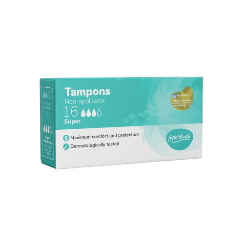 Interlude period care provides high performance, effective protection at exceptional value. In line with the leading brands, we have developed Interlude with an uncompromising commitment to ultimate protection, security and comfort. Developed to provide all round comfort and protections for up to 8 hours. Dermatologically tested. This super pack contains 16 digital tampons super per box. 12 packs supplied.