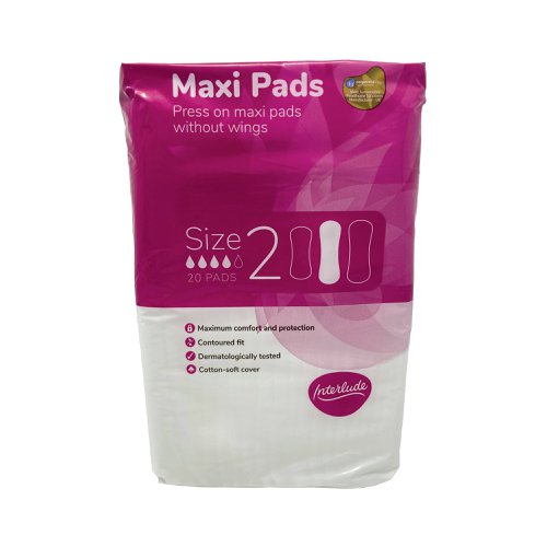 Interlude period care provides high performance, effective protection at exceptional value. In line with the leading brands, we have developed Interlude with an uncompromising commitment to ultimate protection, security and comfort. With a cotton-soft cover for maximum comfort. These maxi pads are specially designed with a contoured fit for use any time. Dermatologically tested. 20 pads per packet. 12 packs supplied.