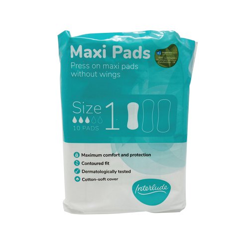 Interlude period care provides high performance, effective protection at exceptional value. In line with the leading brands, we have developed Interlude with an uncompromising commitment to ultimate protection, security and comfort. With a cotton-soft cover for maximum comfort. These maxi pads are specially designed with a contoured fit for use any time. Dermatologically tested. 10 pads per packet. 24 packs supplied.