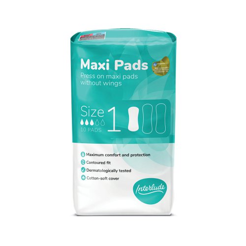 Interlude period care provides high performance, effective protection at exceptional value. In line with the leading brands, we have developed Interlude with an uncompromising commitment to ultimate protection, security and comfort. With a cotton-soft cover for maximum comfort. These maxi pads are specially designed with a contoured fit for use any time. Dermatologically tested. 10 pads per packet. 24 packs supplied.