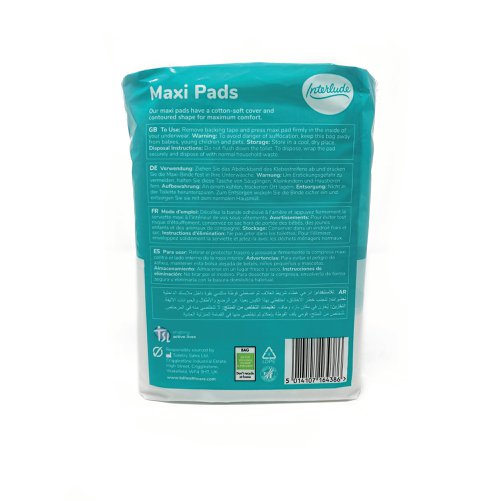 Interlude period care provides high performance, effective protection at exceptional value. In line with the leading brands, we have developed Interlude with an uncompromising commitment to ultimate protection, security and comfort. With a cotton-soft cover for maximum comfort. These maxi pads are specially designed with a contoured fit for use any time. Dermatologically tested. 10 pads per packet. 24 packs supplied.