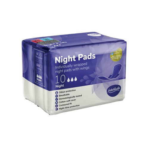 Interlude period care provides high performance, effective protection at exceptional value. In line with the leading brands, we have developed Interlude with an uncompromising commitment to ultimate protection, security and comfort. With a cotton-soft cover for maximum comfort. These breathable pads, with odour protection are specially designed with a contoured fit for night-time use. Individually wrapped. Dermatologically tested. 10 pads per packet. 12 packs supplied.