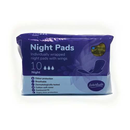 Interlude period care provides high performance, effective protection at exceptional value. In line with the leading brands, we have developed Interlude with an uncompromising commitment to ultimate protection, security and comfort. With a cotton-soft cover for maximum comfort. These breathable pads, with odour protection are specially designed with a contoured fit for night-time use. Individually wrapped. Dermatologically tested. 10 pads per packet. 12 packs supplied.