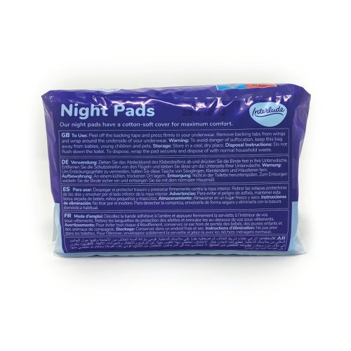 Interlude period care provides high performance, effective protection at exceptional value. In line with the leading brands, we have developed Interlude with an uncompromising commitment to ultimate protection, security and comfort. With a cotton-soft cover for maximum comfort. These breathable pads, with odour protection are specially designed with a contoured fit for night-time use. Individually wrapped. Dermatologically tested. 10 pads per packet. 12 packs supplied.