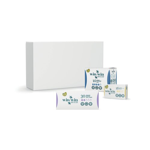 This bundle of day and night non-applicator tampons and pads contains 6 packs of 16 organic non-applicator regular tampons, 4 packs of 10 organic night pads and 1 pack of 30 organic pant liners. 100% organic top sheet. Made using plant-based and biodegradable materials. Organic cotton reduces exposure to allergens and chemicals and are non-irritant, for even the most sensitive skin. Organic farmers use natural methods to grow cotton, without using chemical-based fertilisers. Organic cotton emits up to 46% less greenhouse gas than non-organic. Dermatologically tested. Kind to you with no dyes, perfumes, latex. 100% recyclable packaging.