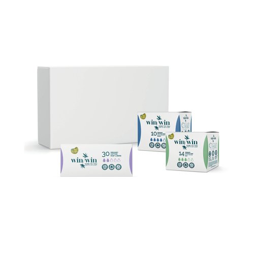 This bundle of day and night pads contains 4 packs of 14 organic day sanitary pads, 6 packs of 10 organic night sanitary pads and 1 pack of 30 organic pant liners. 100% organic top sheet. Made using plant-based and biodegradable materials. Organic cotton reduces exposure to allergens and chemicals and are non-irritant, for even the most sensitive skin. Organic farmers use natural methods to grow cotton, without using chemical-based fertilisers. Organic cotton emits up to 46% less greenhouse gas than non-organic. Dermatologically tested. Kind to you with no dyes, perfumes, latex. 100% recyclable packaging.