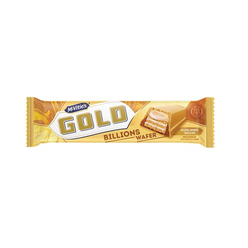 McVities have put a spin on their iconic Gold Bar with this billionaires version. The Gold Billions Wafer features the golden caramel flavoured coating we all love, and have added crispy wafer and cream filling. Suitable for vegetarians. Each bar is 39.5g. Individually wrapped. Pack of 24 supplied.