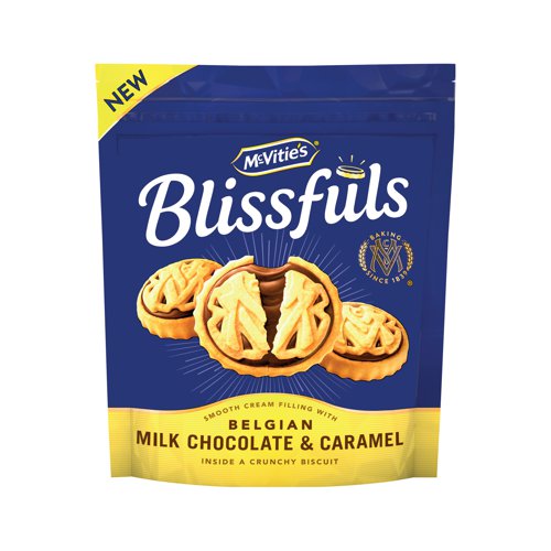 McVities Blissfuls biscuits have a smooth cream filling with Belgian milk chocolate and caramel cream inside a crunchy biscuit. This 172g bag is a delicious and indulgent treat for anytime. Suitable for vegetarians. May contain nuts.