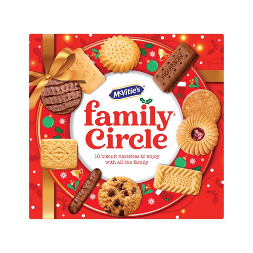 This box of McVities family circle biscuits offers 10 biscuit varieties, something for everyone. An assortment of creams, chocolate, jam and other sweet biscuits. Ideal for sharing, or providing a snack in refreshment areas and meeting rooms. Suitable for vegetarians. 400g box.