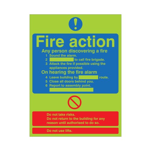 Fire Action Standard Vinyl Photoluminescent Sign 300x250 VPM433SAV3025