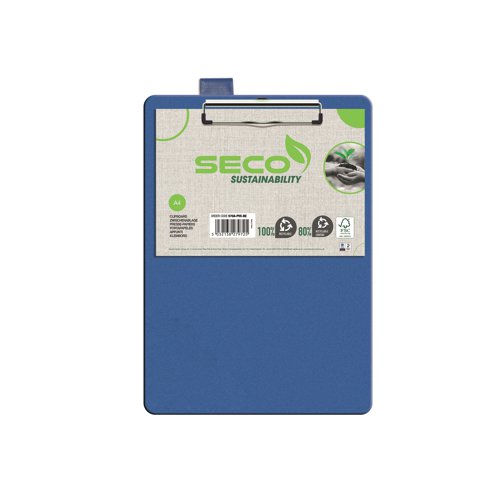 The Seco clipboard A4 plus is a robust blue PVC covered board which provides a smooth writing surface. Made from 80% recycled PVC film. Inner grey board fibre is made from responsibly sourced materials. Heavy duty aluminium clip holds up to 100 sheets of 80gsm paper. Suitable for foolscap and A4 paper. Ideal for schools, office and warehouses. Delivered in Eco-friendly packaging.