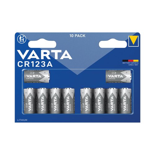 Varta lithium cylindrical CR123A 3V batteries. High quality branded batteries for maximum safety, reliability and the most modern energy needs. Pack of 10.