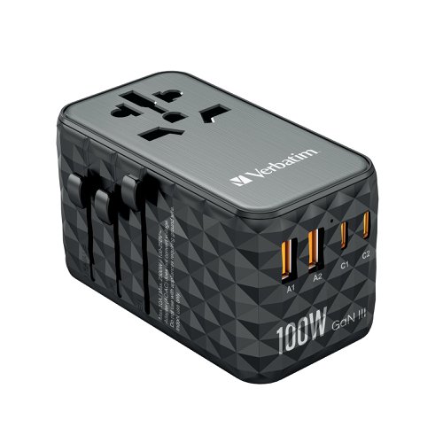 Verbatim UTA-06 GaN III Universal Travel Adapter 2x USB-C PD 100W + QC4+/2x USB-A QC 3.0 Black 32121