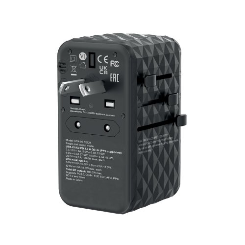 Verbatim UTA-06 GaN III Universal Travel Adapter 2x USB-C PD 100W + QC4+/2x USB-A QC 3.0 Black 32121