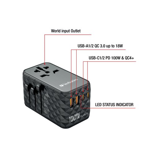 Verbatim UTA-06 GaN III Universal Travel Adapter 2x USB-C PD 100W + QC4+/2x USB-A QC 3.0 Black 32121