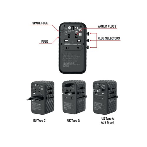 Verbatim UTA-06 GaN III Universal Travel Adapter 2x USB-C PD 100W + QC4+/2x USB-A QC 3.0 Black 32121