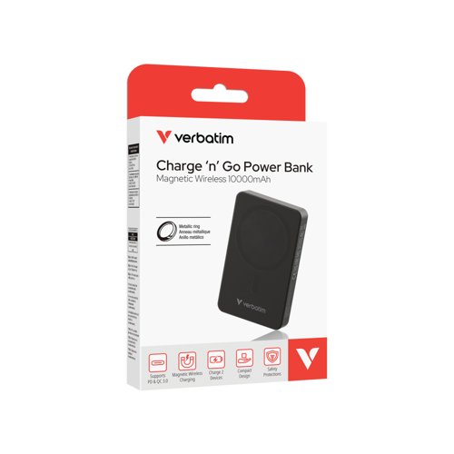 VM32227 | The Verbatim Charge 'n' Go Power Bank delivers dependable, high-capacity charging for your devices. Perfect for those on the move, it provides enough power to charge multiple devices, keeping you connected during long days, business trips, or outdoor adventures. With a lightweight yet durable design, this power bank is built for those who need uninterrupted energy. It offers versatile dual charging options. Enjoy fast 15W magnetic wireless charging for MagSafe iPhones and Android devices and wired charging of up to 20W via USB-C PD. Whether you're working, commuting, or exploring, this power bank ensures your devices are charged quickly and efficiently.