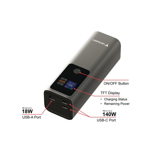 VM32269 | Equipped with the latest PD 3.1 fast-charging technology, the Charge n Go Power Bank supports high power output up to 140W via two USB-C ports. Its additional USB-A port with QC 3.0 delivers up to 18W for quick device top-ups. With the ability to charge three devices simultaneously, it's ideal for both personal and shared use. The digital TFT display ensures you're always informed, showing real-time power status and wattage output with a colour-coded system. Simplify your charging experience with bi-directional USB-C capability, allowing one port to handle both charging input and output. Built with advanced safety features, including overcurrent, short circuit, and over-temperature protection, this power bank guarantees secure energy on the go.