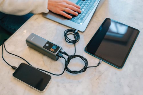 VM32269 | Equipped with the latest PD 3.1 fast-charging technology, the Charge n Go Power Bank supports high power output up to 140W via two USB-C ports. Its additional USB-A port with QC 3.0 delivers up to 18W for quick device top-ups. With the ability to charge three devices simultaneously, it's ideal for both personal and shared use. The digital TFT display ensures you're always informed, showing real-time power status and wattage output with a colour-coded system. Simplify your charging experience with bi-directional USB-C capability, allowing one port to handle both charging input and output. Built with advanced safety features, including overcurrent, short circuit, and over-temperature protection, this power bank guarantees secure energy on the go.