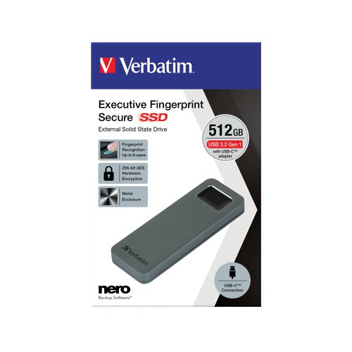 Verbatim Executive Fingerprint Secure Solid State Drive (SSD) USB 3.2 Gen 1 USB-C 512GB Grey 53656 VM43656