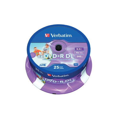 Verbatim DVD+R DL 8x 8.5GB No ID Wide Printable Spindle (Pack of 25) 43667