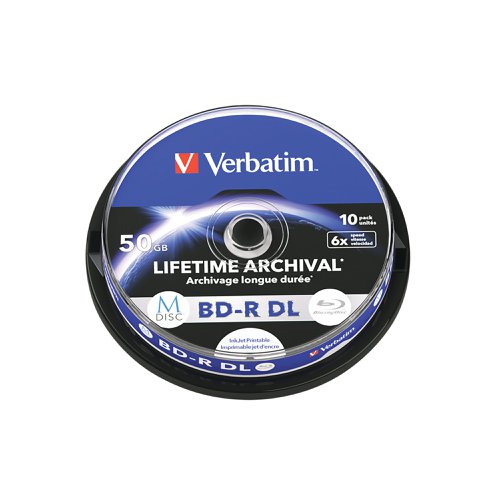 Verbatim M-Disc Lifetime Archival BD-R DL 50GB 6x Inkjet Printable Spindle (Pack of 10) 43847