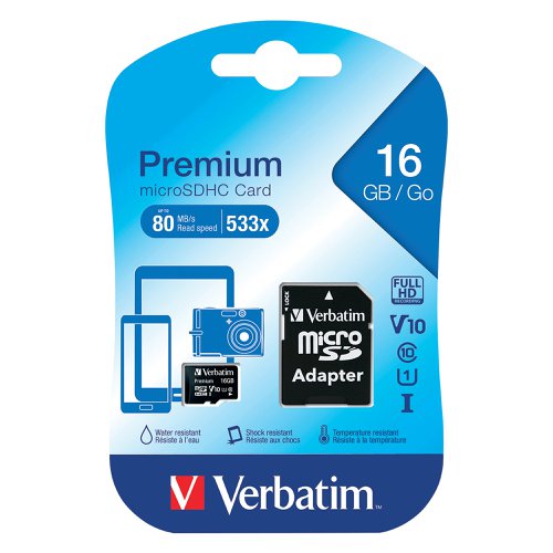 Verbatim MicroSDHC Memory Card Class 10 16GB With Adaptor 44082