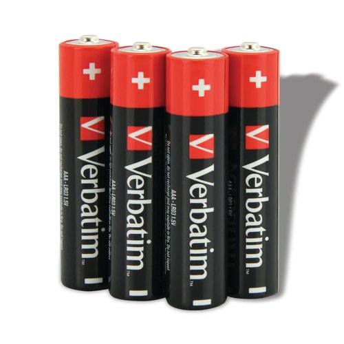 Verbatim batteries keep your energy hungry electronic devices powered up. These alkaline batteries are reliable and long lasting. Recommended for use in devices such as MP3 players, cameras and toys that require constant power for long periods of time. A handy 4 pack of AAA alkaline batteries.