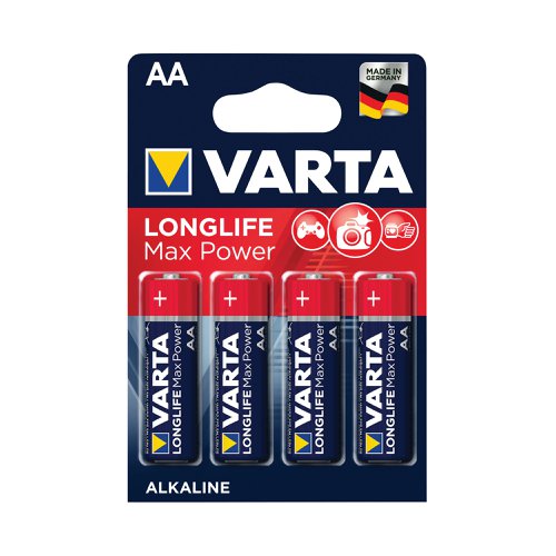 Varta Longlife Max Power offers precise energy for high technology devices. Suitable for digital cameras, blood pressure monitors, game controllers, etc., it offers precise energy with a guaranteed storage time of 10 years. This battery pack contains 4 batteries and provides clear communication of usage with pictograms on the pack. Designed with a 'single press out', the pack enables easy opening and stores unused batteries.