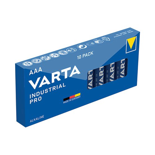 Made in Germany, Varta Industrial Pro AAA batteries are built to provide the best energy for professional use. Featuring unique brand iconography, the innovative new cell design with matte label finish offers a premium appearance and recognition. Supplied in a box of 10 batteries.