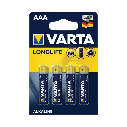 Varta Longlife is a long lasting battery for low drain devices. Suitable for remote controls for televisions and music systems, wall clocks and radios, it offers long lasting energy with constant and low energy consumption. With guaranteed storage time of 10 years, this battery blister pack contains four batteries and provides clear communication of usage with pictograms on the pack. Designed with a 'single press out', the pack enables easy opening and stores unused batteries.