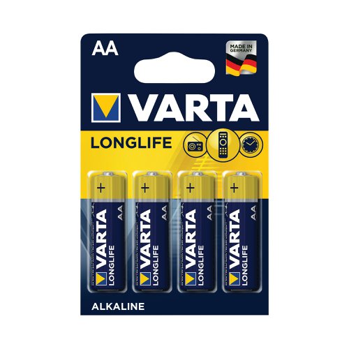 Varta Longlife is a long lasting battery for low drain devices. Suitable for remote controls for televisions and music systems, wall clocks and radios, it offers long lasting energy with constant and low energy consumption. With guaranteed storage time of 10 years, this battery blister pack contains four batteries and provides clear communication of usage with pictograms on the pack. Designed with a 'single press out', the pack enables easy opening and stores unused batteries.