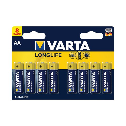 Varta Longlife is a long lasting battery for low drain devices. Suitable for remote controls for televisions and music systems, wall clocks and radios, it offers long lasting energy with constant and low energy consumption. With guaranteed storage time of 10 years, this battery blister pack contains eight batteries and provides clear communication of usage with pictograms on the pack. Designed with a 'single press out', the pack enables easy opening and stores unused batteries.