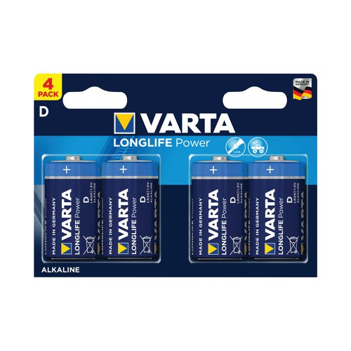 Varta Longlife Power D is a powerful battery for power hungry devices. Suitable for battery operated toys, flashlights, etc., it offers powerful energy with a guaranteed storage time of 10 years. This battery pack contains four batteries and provides clear communication of usage with pictograms on the pack. Designed with a 'single press out', the pack enables easy opening and stores unused batteries.