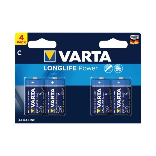 Varta Longlife Power C is a powerful battery for power hungry devices. Suitable for battery operated toys, flashlights, etc., it offers powerful energy with a guaranteed storage time of 10 years. This battery pack contains four batteries and provides clear communication of usage with pictograms on the pack. Designed with a 'single press out', the pack enables easy opening and stores unused batteries.