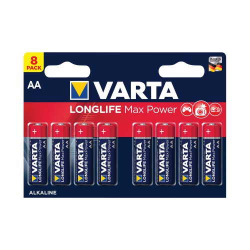 Varta Longlife Max Power offers precise energy for high technology devices. Suitable for digital cameras, blood pressure monitors, game controllers, etc., it offers precise energy with a guaranteed storage time of 10 years. This battery pack contains 8 batteries and provides clear communication of usage with pictograms on the pack. Designed with a 'single press out', the pack enables easy opening and stores unused batteries.