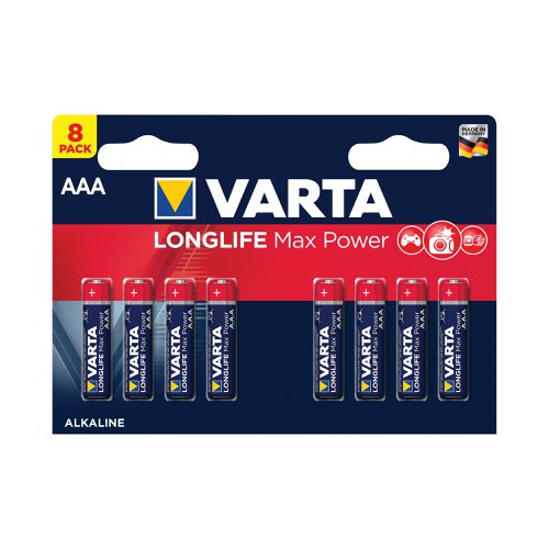 Varta Longlife Max Power offers precise energy for high technology devices. Suitable for digital cameras, blood pressure monitors, game controllers, etc., it offers precise energy with a guaranteed storage time of 10 years. This battery pack contains 8 batteries and provides clear communication of usage with pictograms on the pack. Designed with a 'single press out', the pack enables easy opening and stores unused batteries.