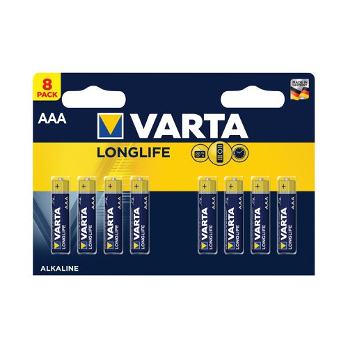 Varta Longlife is a long lasting battery for low drain devices. Suitable for remote controls for televisions and music systems, wall clocks and radios, it offers long lasting energy with constant and low energy consumption. With guaranteed storage time of 10 years, this battery blister pack contains eight batteries and provides clear communication of usage with pictograms on the pack. Designed with a 'single press out', the pack enables easy opening and stores unused batteries.